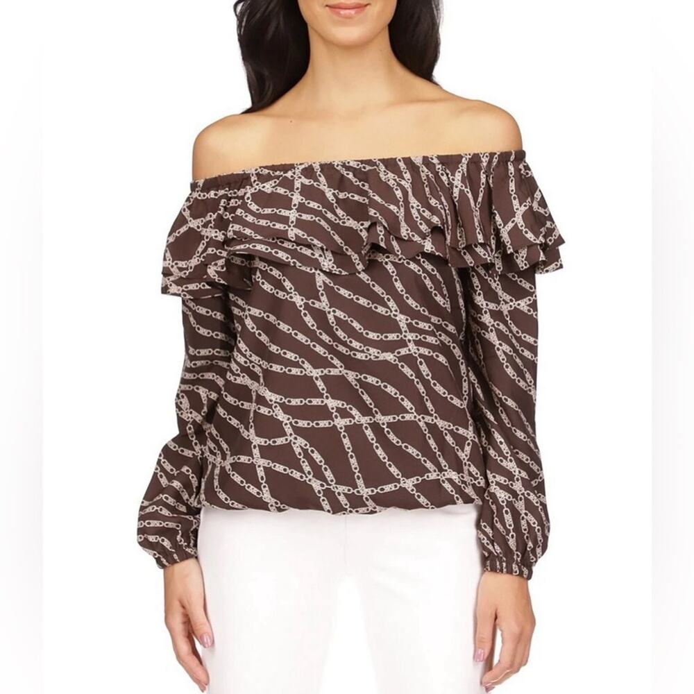 MICHAEL‎ Michael Kors Printed Pebble Crepe Off-the-Shoulder L/S Bias Cut Top M